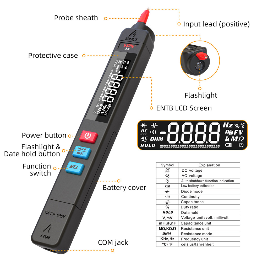 BSIDE Z5 Digital Multimeter, Smart Pen Type, EBTN LCD Screen, Voltage Detector, DC AC Capacitance Ohm NCV Hz Diode Continuity Tester - with Storage Bag