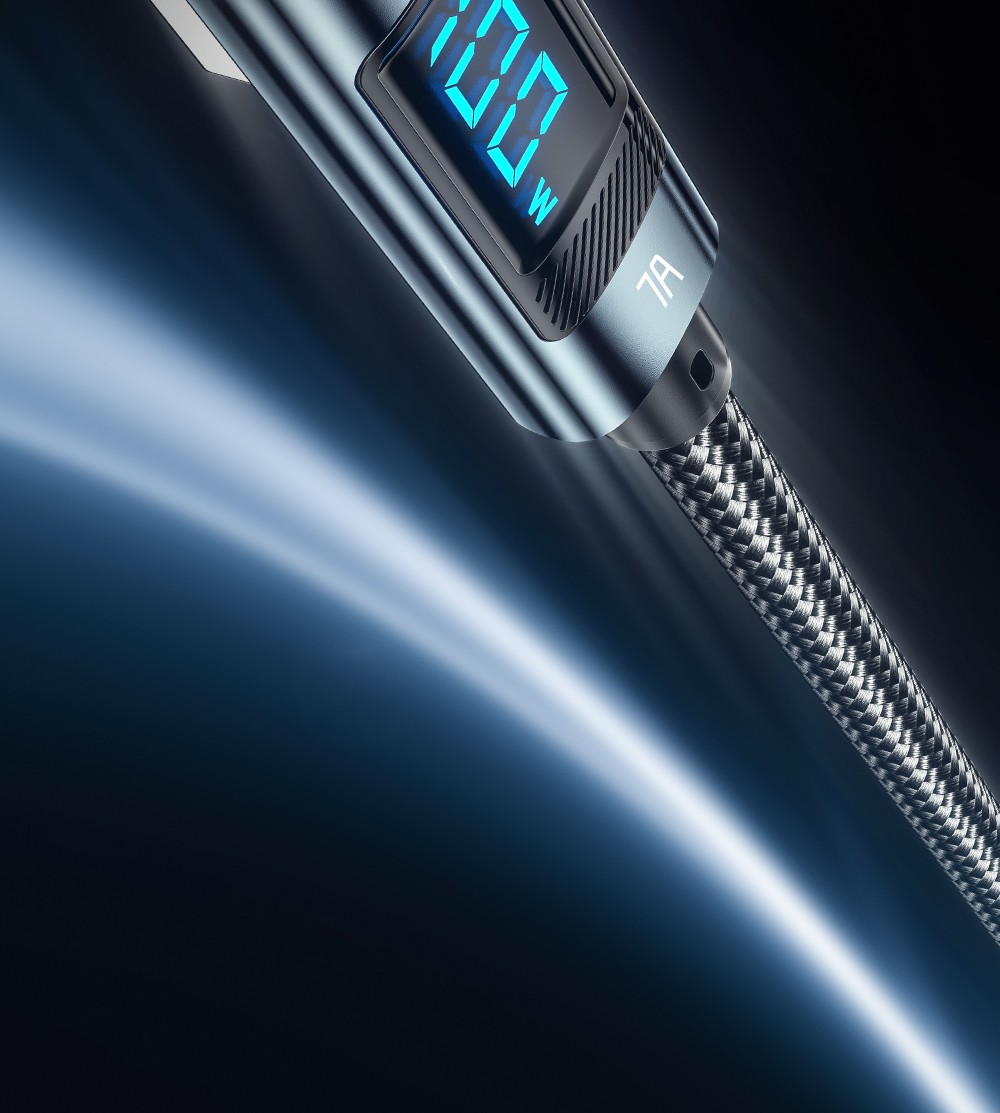 ESSAGER 100W 7A USB-A to Type-C Charging Cable, Elbow Design, Digital Display, USB2.0 480Mbps - 1m