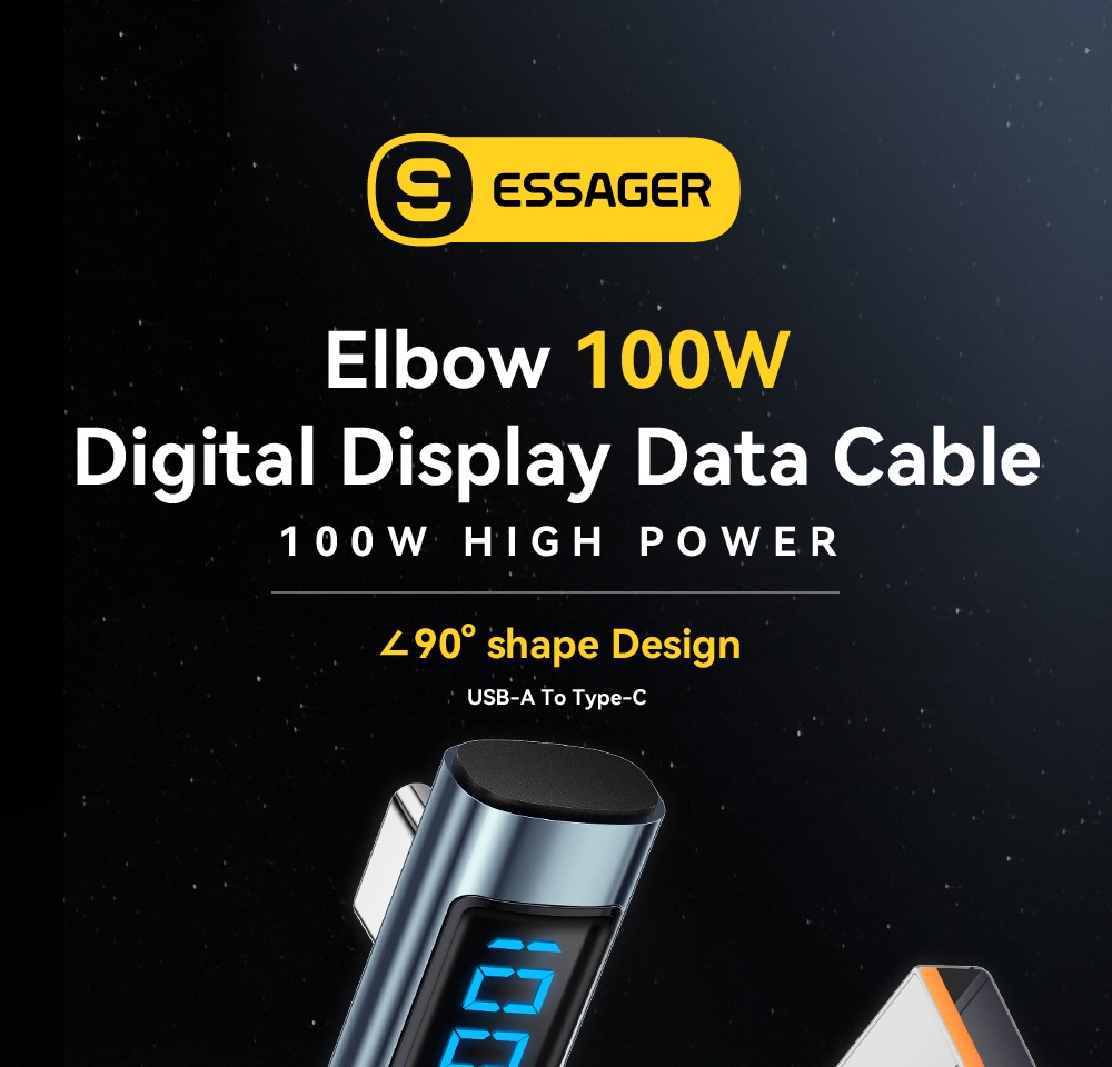 ESSAGER 100W 7A USB-A to Type-C Charging Cable, Elbow Design, Digital Display, USB2.0 480Mbps - 2m