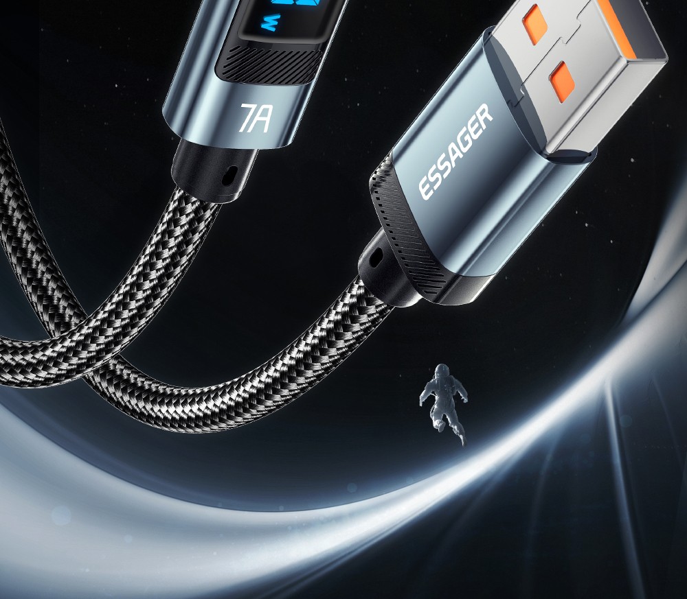 ESSAGER 100W 7A USB-A to Type-C Charging Cable, Elbow Design, Digital Display, USB2.0 480Mbps - 2m