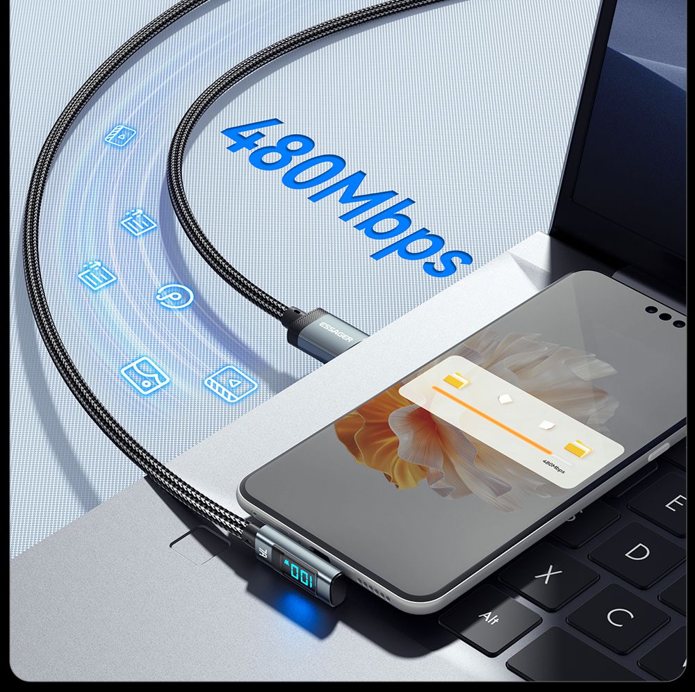 ESSAGER 100W 7A USB-A to Type-C Charging Cable, Elbow Design, Digital Display, USB2.0 480Mbps - 2m