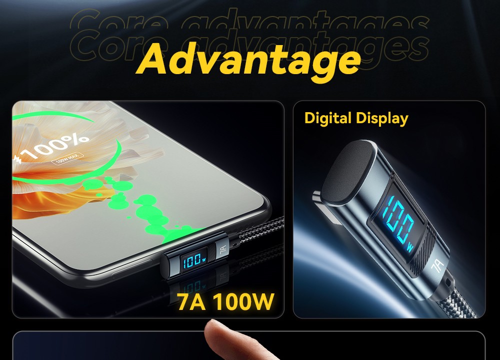 ESSAGER 100W 7A USB-A to Type-C Charging Cable, Elbow Design, Digital Display, USB2.0 480Mbps - 2m