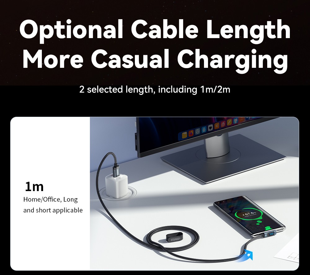 ESSAGER 100W 7A USB-A to Type-C Charging Cable, Elbow Design, Digital Display, USB2.0 480Mbps - 2m