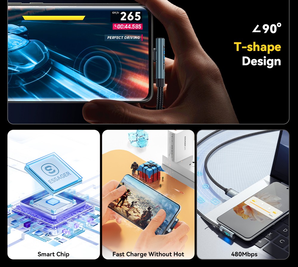 ESSAGER 100W 7A USB-A to Type-C Charging Cable, Elbow Design, Digital Display, USB2.0 480Mbps - 2m