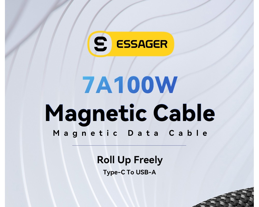 ESSAGER 100W 7A USB-A to Type-C Charging Cable, USB2.0 480Mbps, Magnetic Adsorption, Flexible Adjustment, E-Marker Chip, 1m