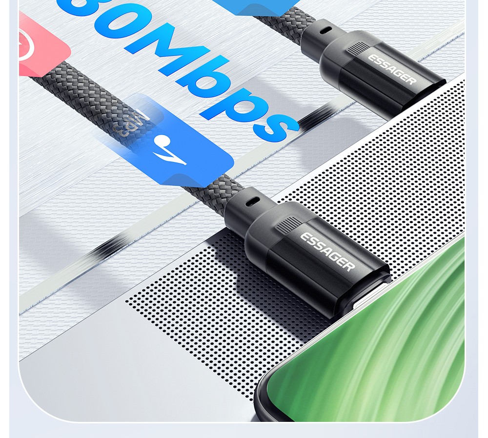 ESSAGER 100W 7A USB-A to Type-C Charging Cable, USB2.0 480Mbps, Magnetic Adsorption, Flexible Adjustment, E-Marker Chip, 1m