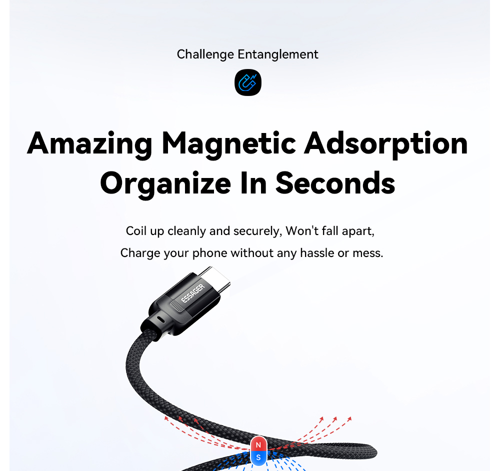 ESSAGER 100W 7A USB-A to Type-C Charging Cable, USB2.0 480Mbps, Magnetic Adsorption, Flexible Adjustment, E-Marker Chip, 1m