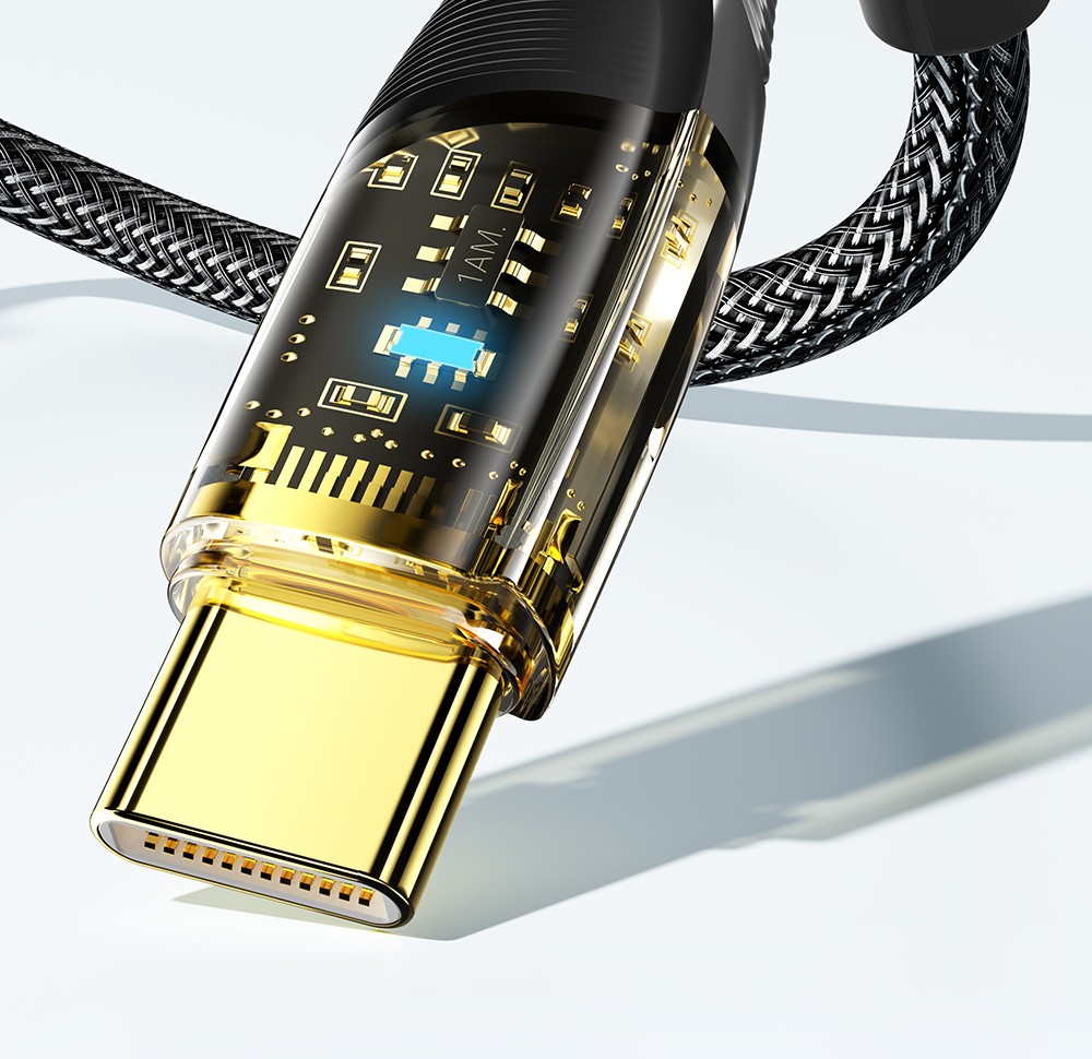 ESSAGER 100W 7A USB-A to Type-C Charging Cable, with Transparent Technology, LED Light, for Samsung, Oppo, Vivo - Blue