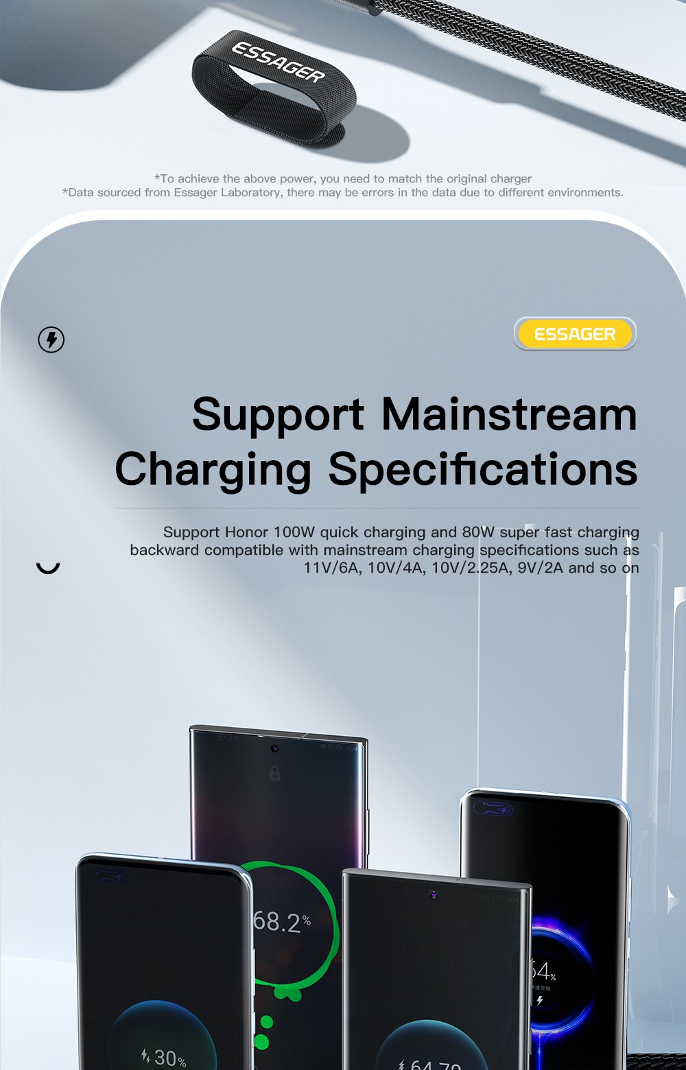 ESSAGER 100W 7A USB-A to Type-C Charging Cable, with Transparent Technology, LED Light, for Samsung, Oppo, Vivo - Blue