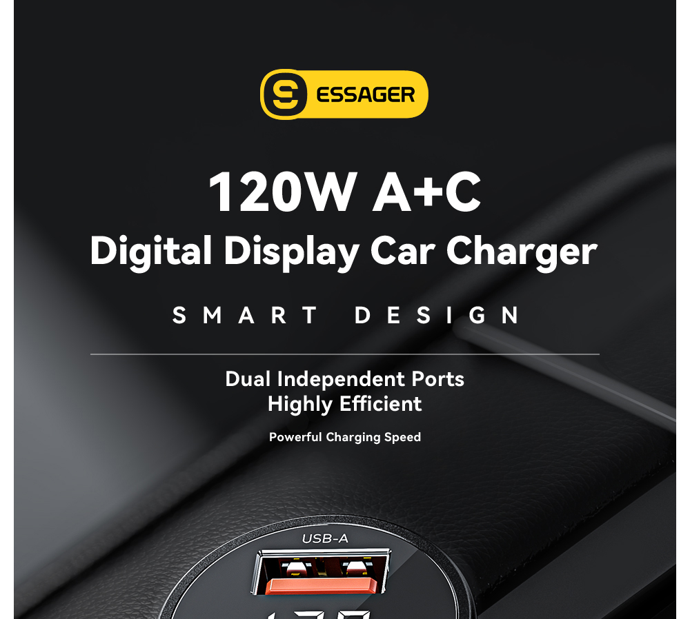 ESSAGER 120W Car Charger, USB-A+Type-C, Digital Display, Smart Chip, Shrapnel Design - Black