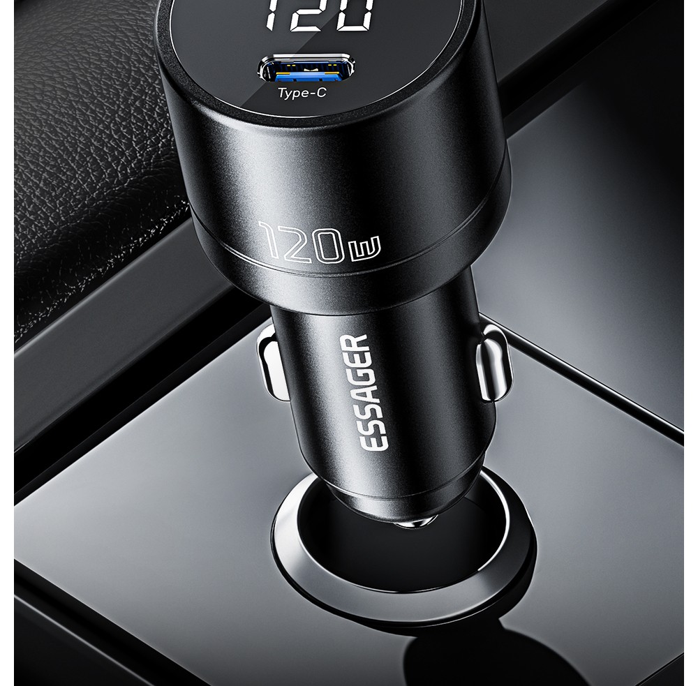 ESSAGER 120W Car Charger, USB-A+Type-C, Digital Display, Smart Chip, Shrapnel Design - Black