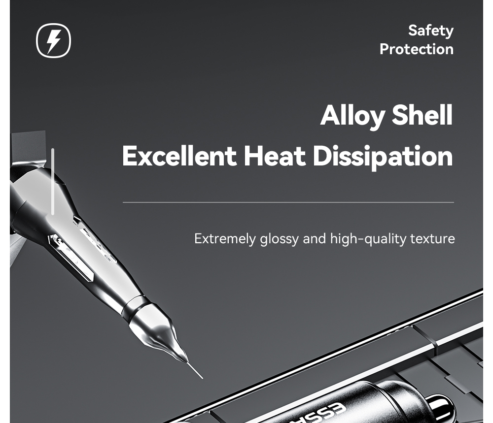 ESSAGER 120W Car Charger, USB-A+Type-C, Digital Display, Smart Chip, Shrapnel Design - Black