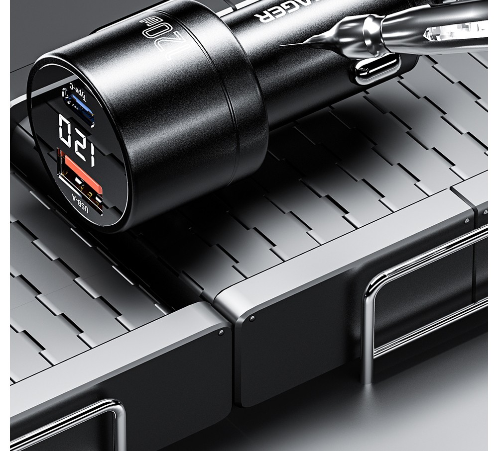 ESSAGER 120W Car Charger, USB-A+Type-C, Digital Display, Smart Chip, Shrapnel Design - Black