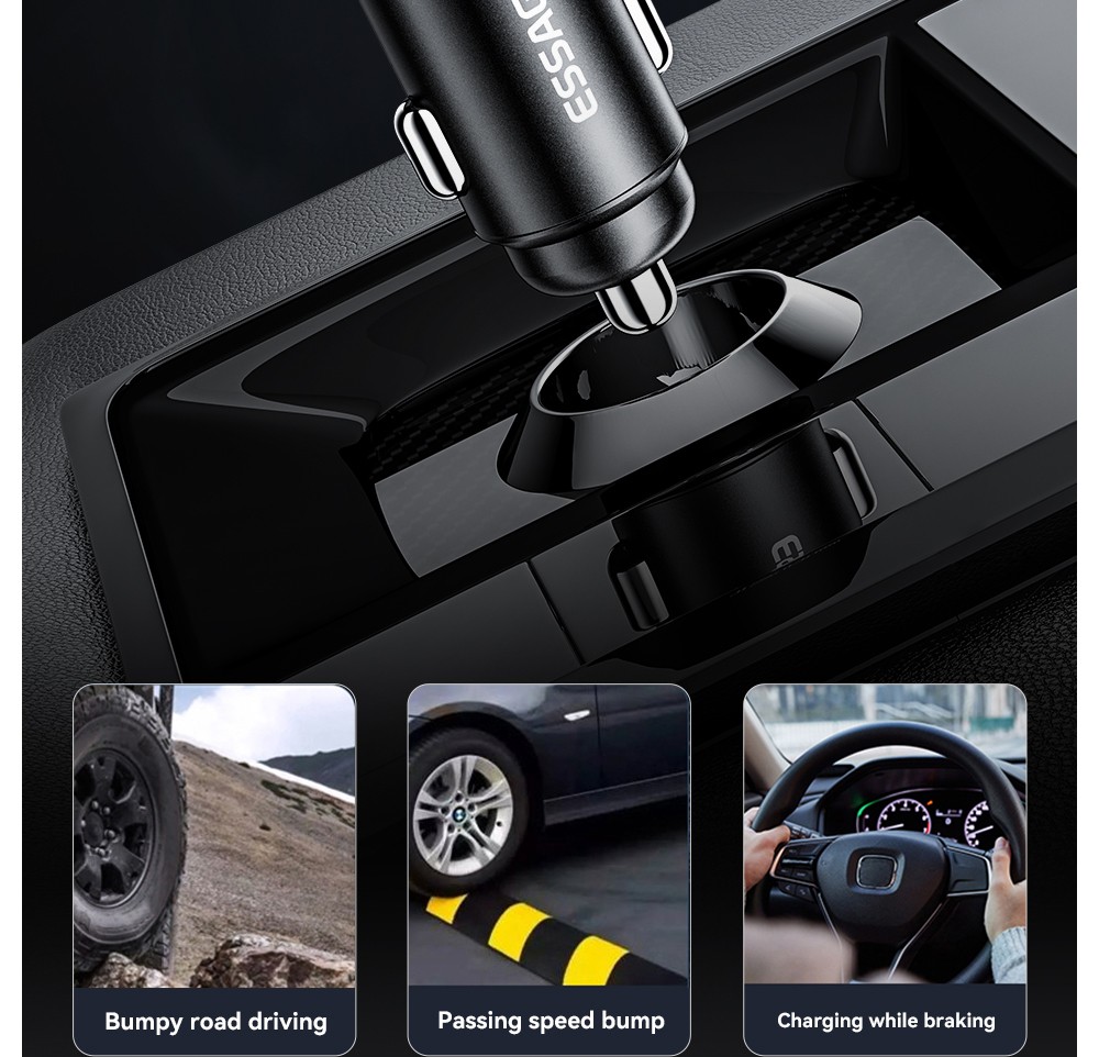 ESSAGER 120W Car Charger, USB-A+Type-C, Digital Display, Smart Chip, Shrapnel Design - Black