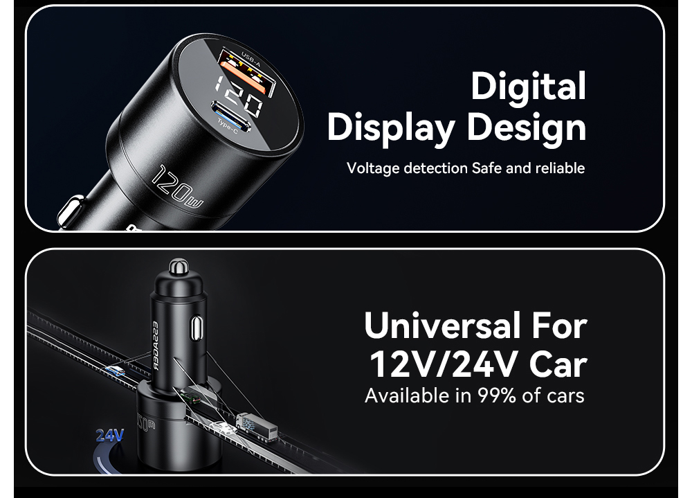 ESSAGER 120W Car Charger, USB-A+Type-C, Digital Display, Smart Chip, Shrapnel Design - Black