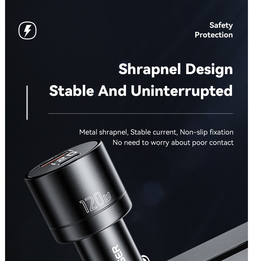 ESSAGER 120W Car Charger, USB-A+Type-C, Digital Display, Smart Chip, Shrapnel Design - Gunmetal Grey