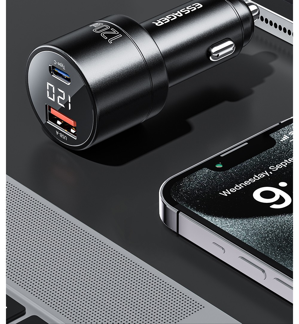 ESSAGER 120W Car Charger, USB-A+Type-C, Digital Display, Smart Chip, Shrapnel Design - Gunmetal Grey