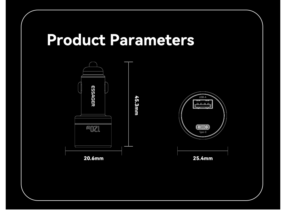 ESSAGER 120W Car Charger, USB-A+Type-C, Digital Display, Smart Chip, Shrapnel Design - Gunmetal Grey