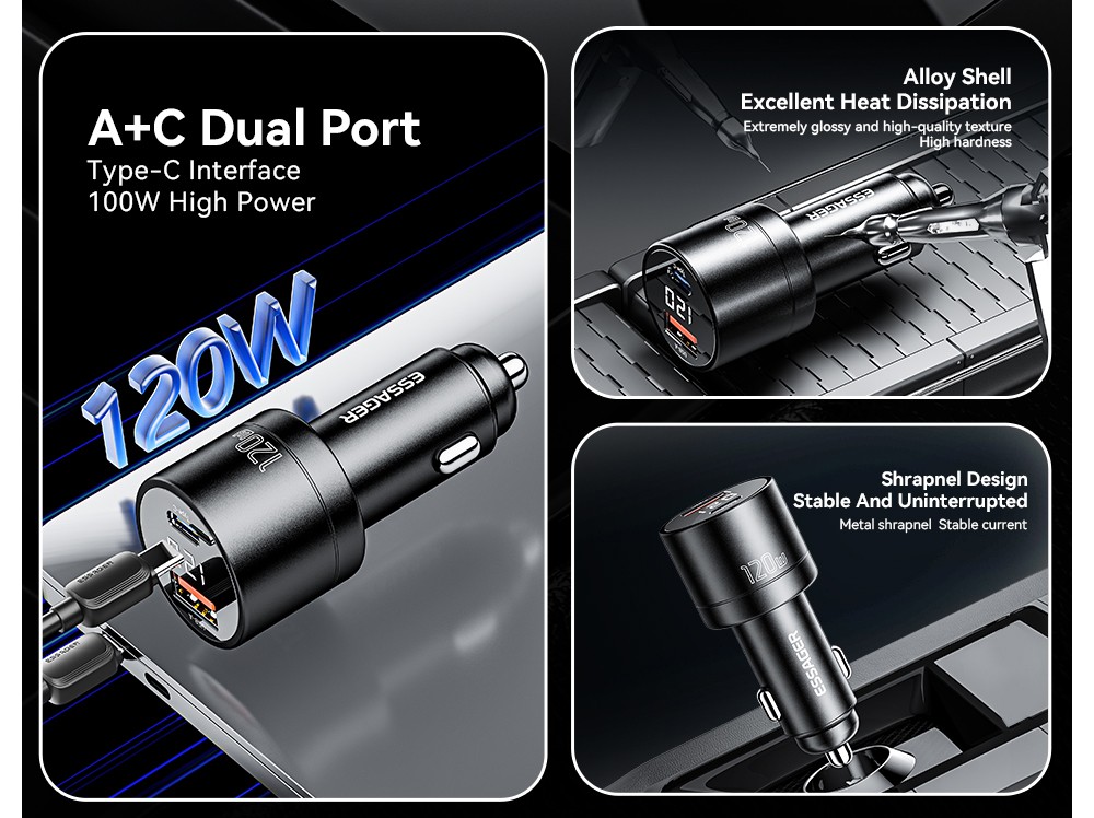 ESSAGER 120W Car Charger, USB-A+Type-C, Digital Display, Smart Chip, Shrapnel Design - Gunmetal Grey