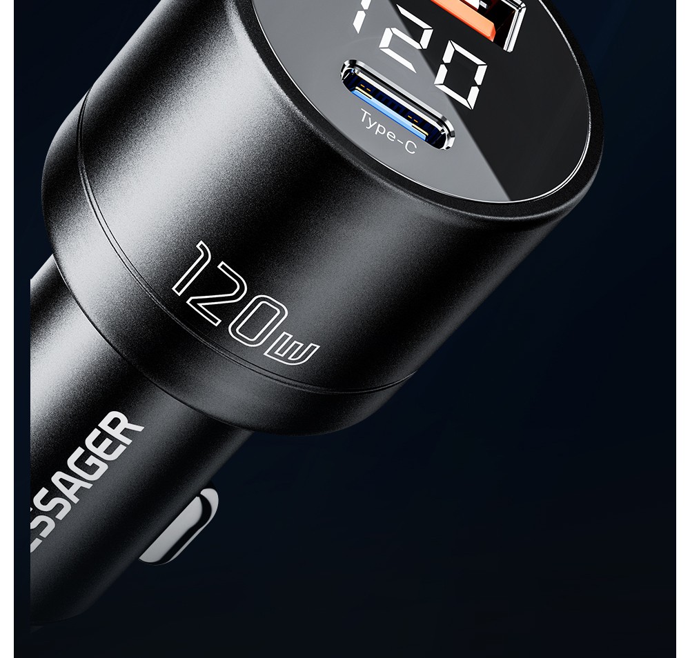 ESSAGER 120W Car Charger, USB-A+Type-C, Digital Display, Smart Chip, Shrapnel Design - Gunmetal Grey