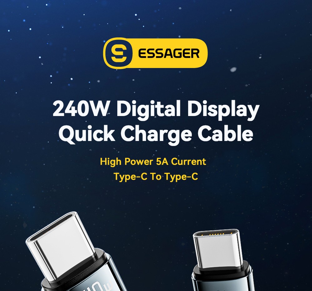 ESSAGER 240W 5A Type C to Type C Charging Cable, USB2.0 480Mbps, Digital Display, Support PD3.1 - 1m