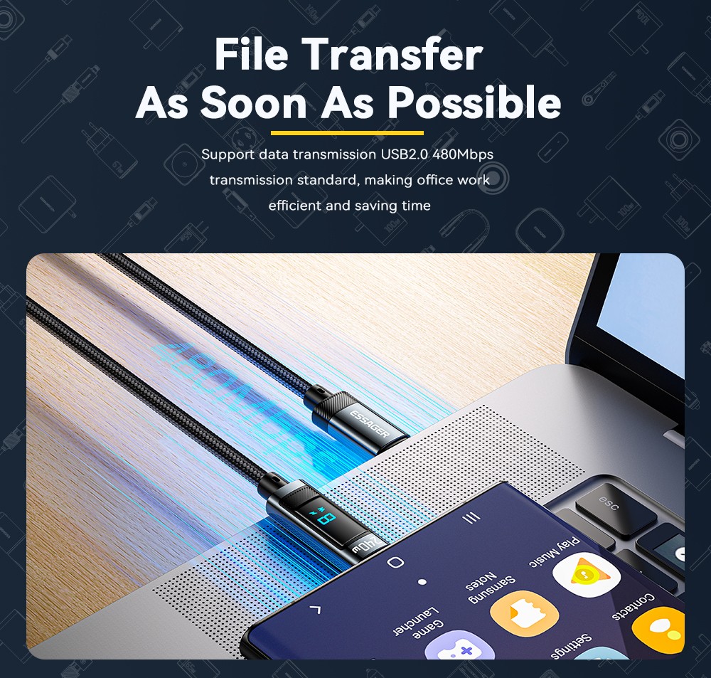 ESSAGER 240W 5A Type C to Type C Charging Cable, USB2.0 480Mbps, Digital Display, Support PD3.1 - 1m