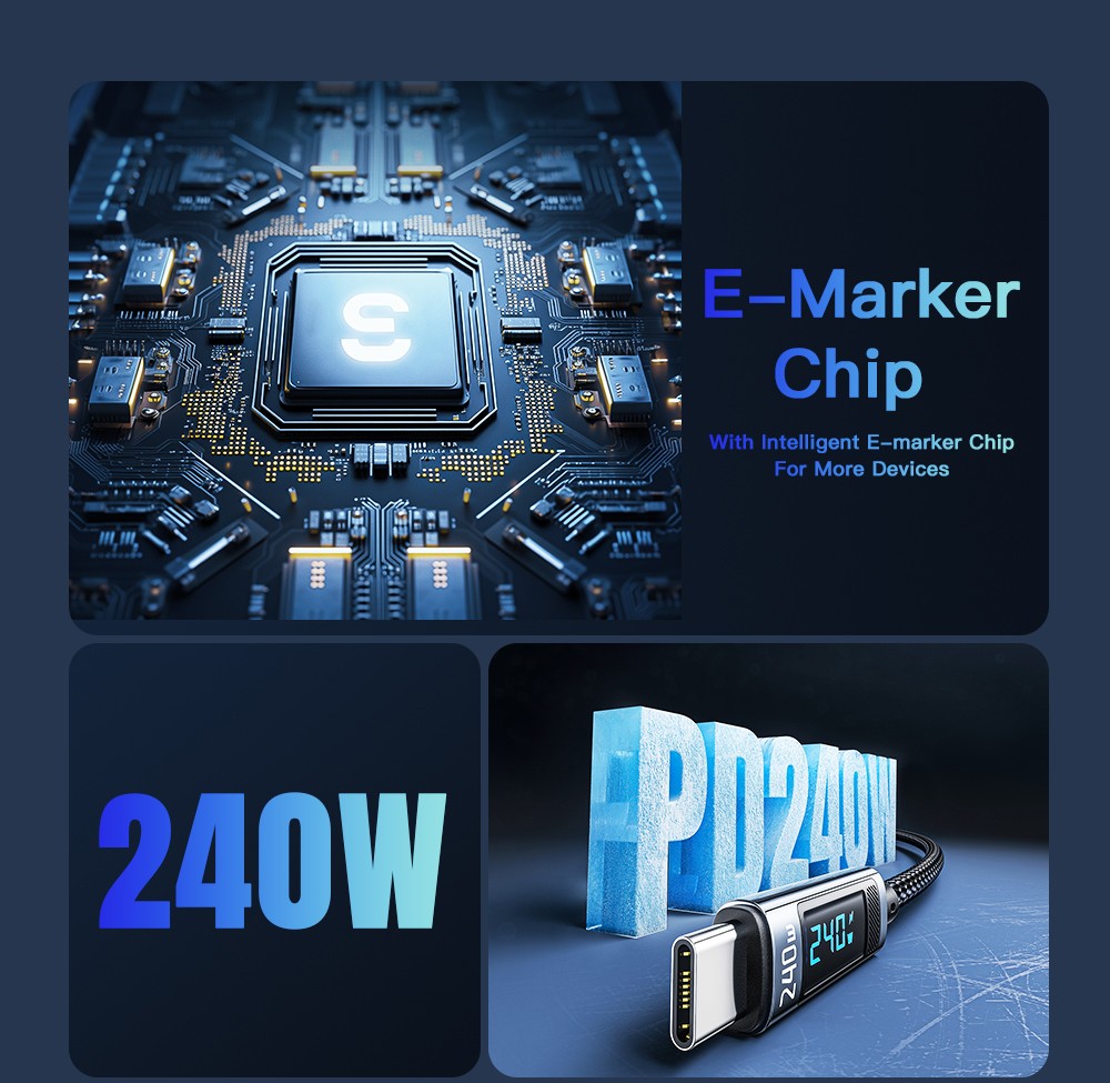 ESSAGER 240W 5A Type C to Type C Charging Cable, USB2.0 480Mbps, Digital Display, Support PD3.1 - 1m