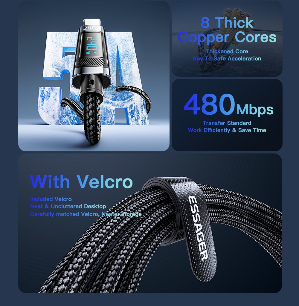 ESSAGER 240W 5A Type C to Type C Charging Cable, USB2.0 480Mbps, Digital Display, Support PD3.1 - 1m