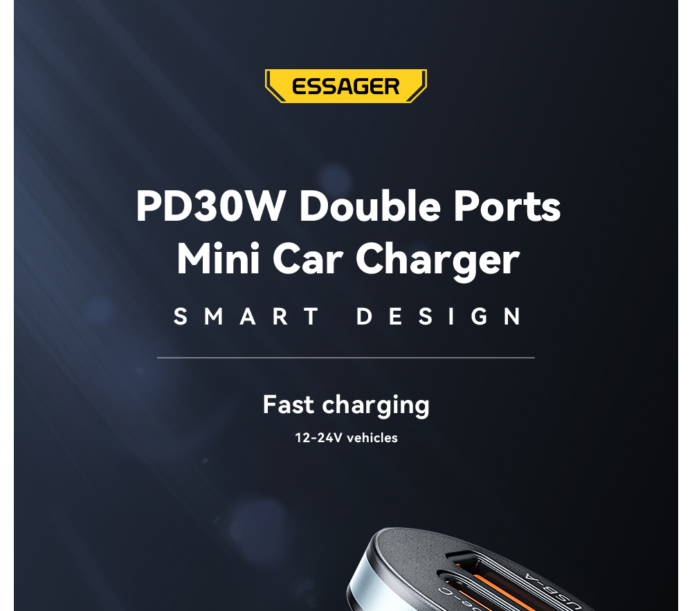 ESSAGER 30W Car Charger, USB-A+Type-C Dual Ports, PD Fast Charging, for 12-24V Vehicles - Black