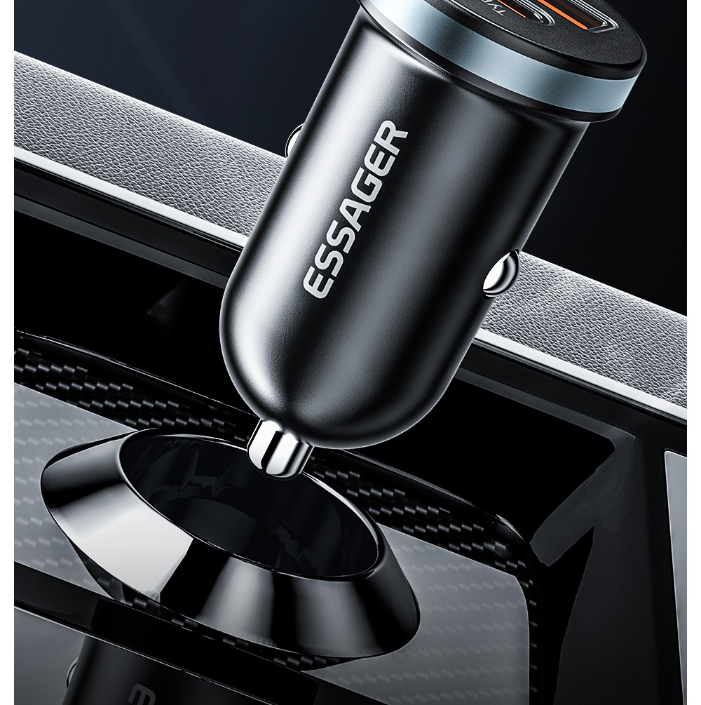 ESSAGER 30W Car Charger, USB-A+Type-C Dual Ports, PD Fast Charging, for 12-24V Vehicles - Black