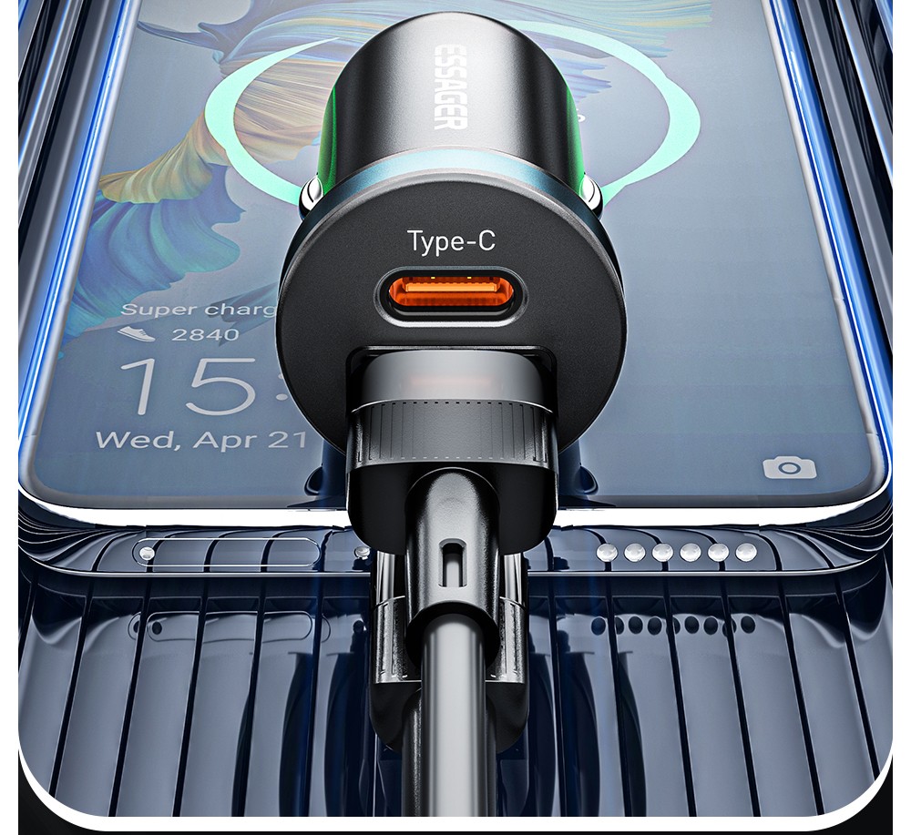 ESSAGER 30W Car Charger, USB-A+Type-C Dual Ports, PD Fast Charging, for 12-24V Vehicles - Black