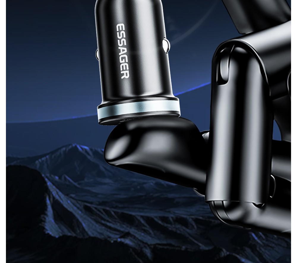 ESSAGER 30W Car Charger, USB-A+Type-C Dual Ports, PD Fast Charging, for 12-24V Vehicles - Black
