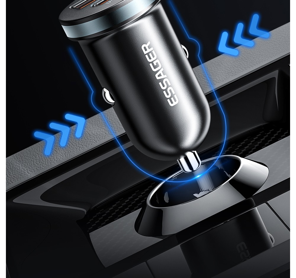 ESSAGER 30W Car Charger, USB-A+Type-C Dual Ports, PD Fast Charging, for 12-24V Vehicles - Black