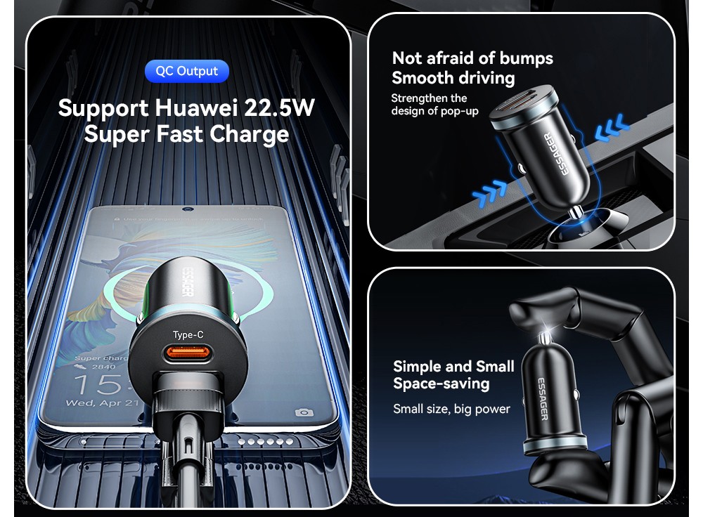 ESSAGER 30W Car Charger, USB-A+Type-C Dual Ports, PD Fast Charging, for 12-24V Vehicles - Black