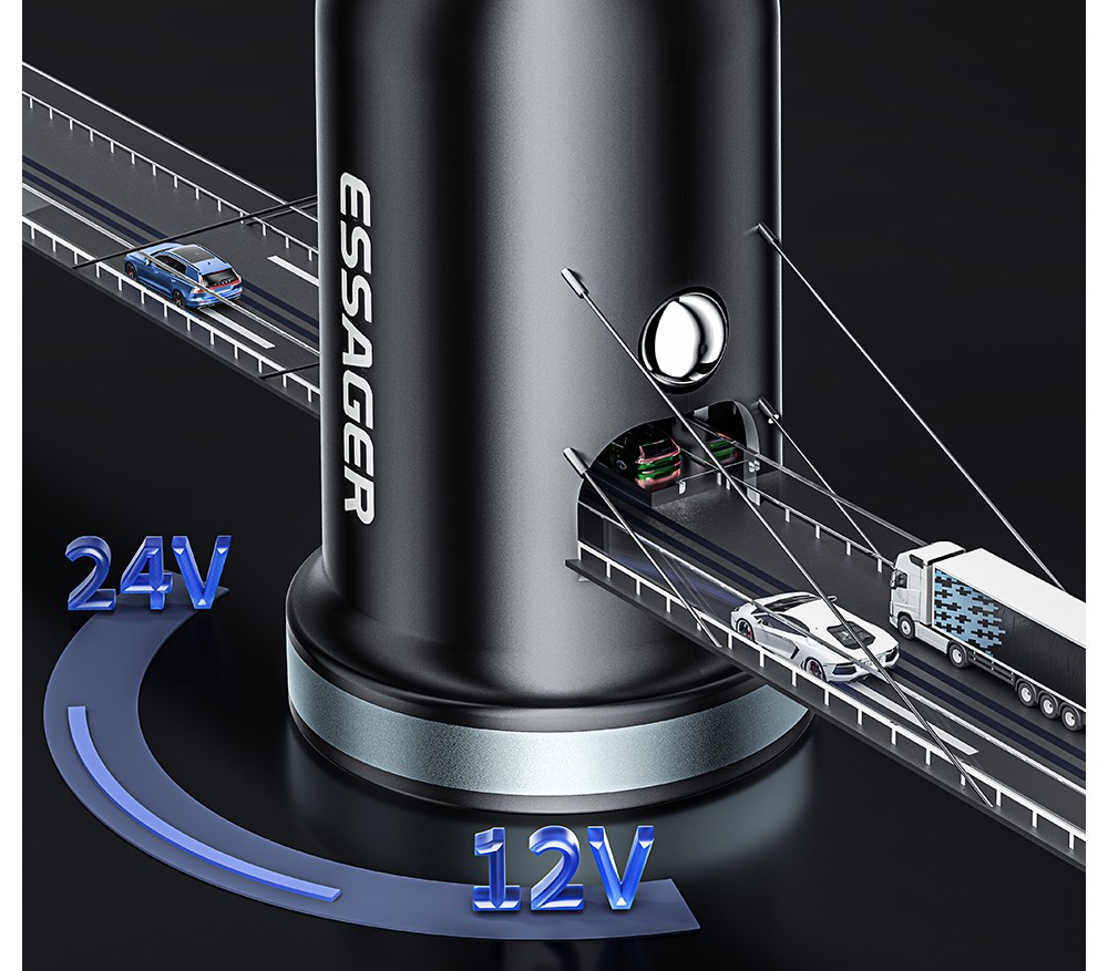 ESSAGER 30W Car Charger, USB-A+Type-C Dual Ports, PD Fast Charging, for 12-24V Vehicles - Black