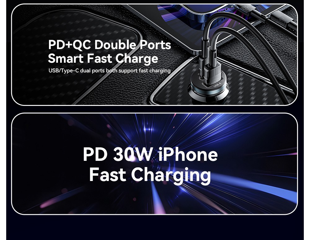 ESSAGER 30W Car Charger, USB-A+Type-C Dual Ports, PD Fast Charging, for 12-24V Vehicles - Black