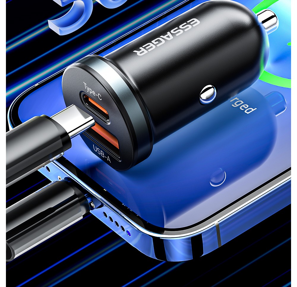 ESSAGER 30W Car Charger, USB-A+Type-C Dual Ports, PD Fast Charging, for 12-24V Vehicles - Black