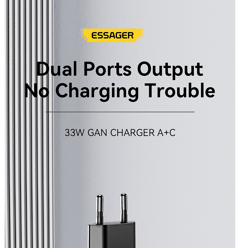 ESSAGER 33W GaN USB C Charger, 2 Ports, Digital Display, Fast Charging, Black - EU Plug
