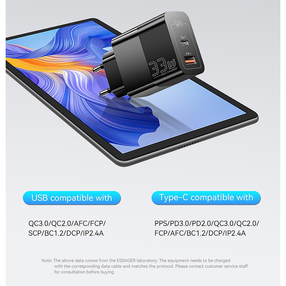ESSAGER 33W GaN USB C Charger, 2 Ports, Digital Display, Fast Charging, Black - EU Plug