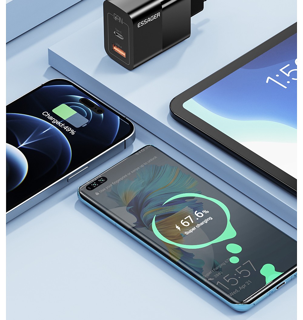 ESSAGER 33W GaN USB C Charger, 2 Ports, Digital Display, Fast Charging, Black - EU Plug