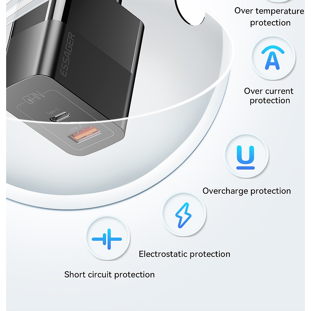 ESSAGER 33W GaN USB C Charger, 2 Ports, Digital Display, Fast Charging, White - EU Plug