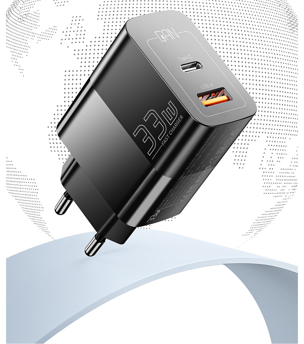 ESSAGER 33W GaN USB C Charger, 2 Ports, Digital Display, Fast Charging, White - EU Plug