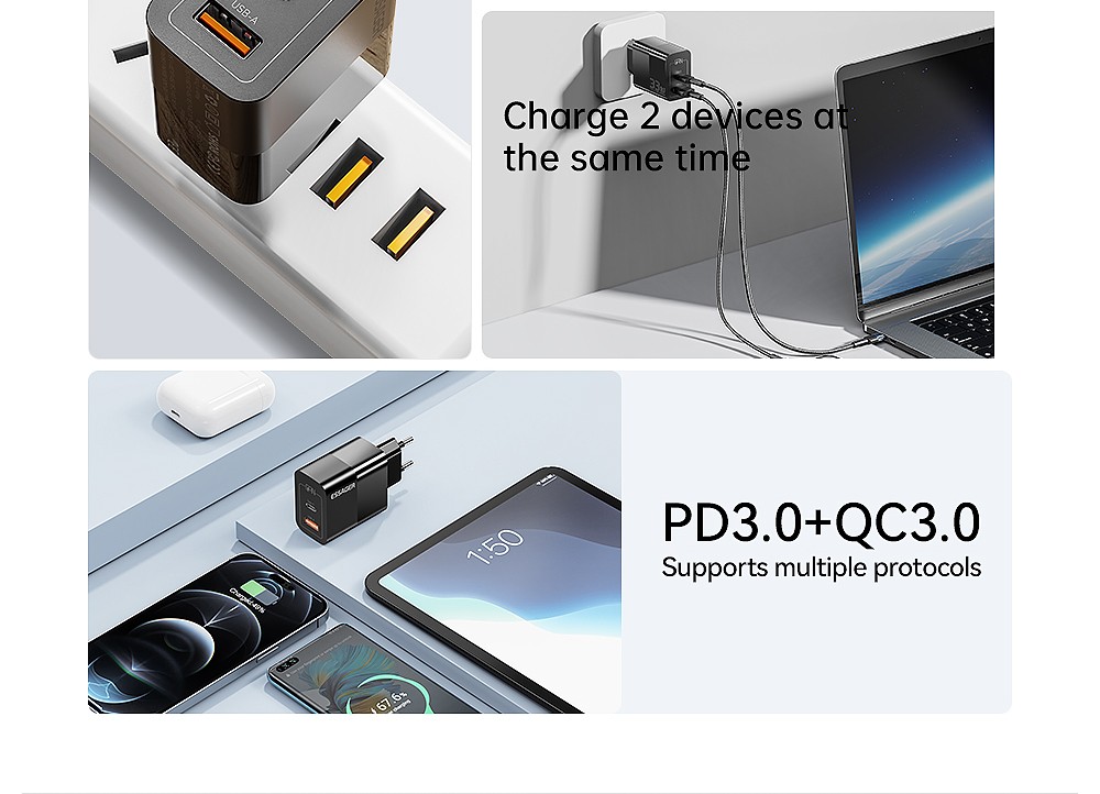 ESSAGER 33W GaN USB C Charger, 2 Ports, Digital Display, Fast Charging, White - EU Plug