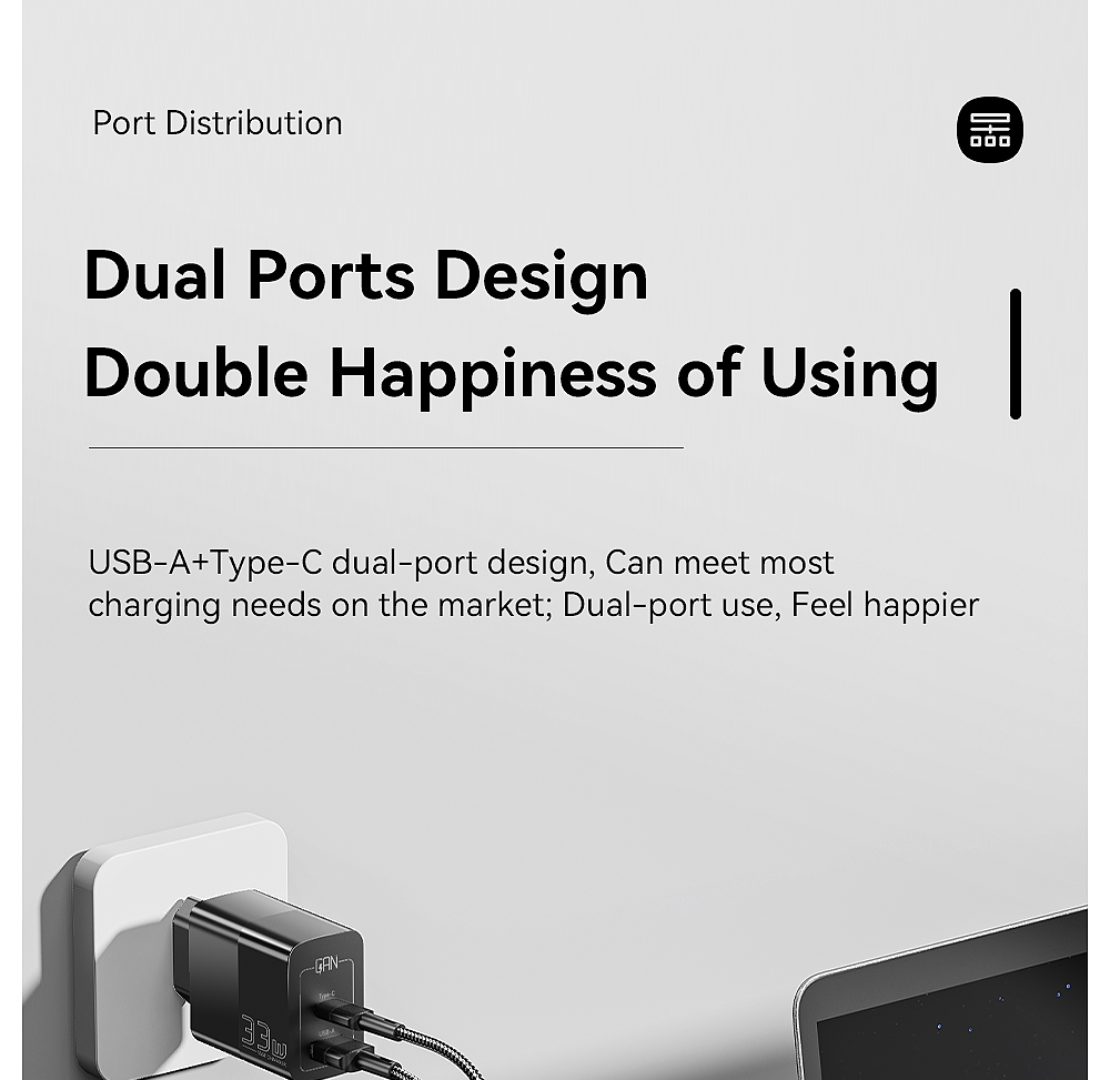 ESSAGER 33W GaN USB C Charger, 2 Ports, Digital Display, Fast Charging, White - EU Plug