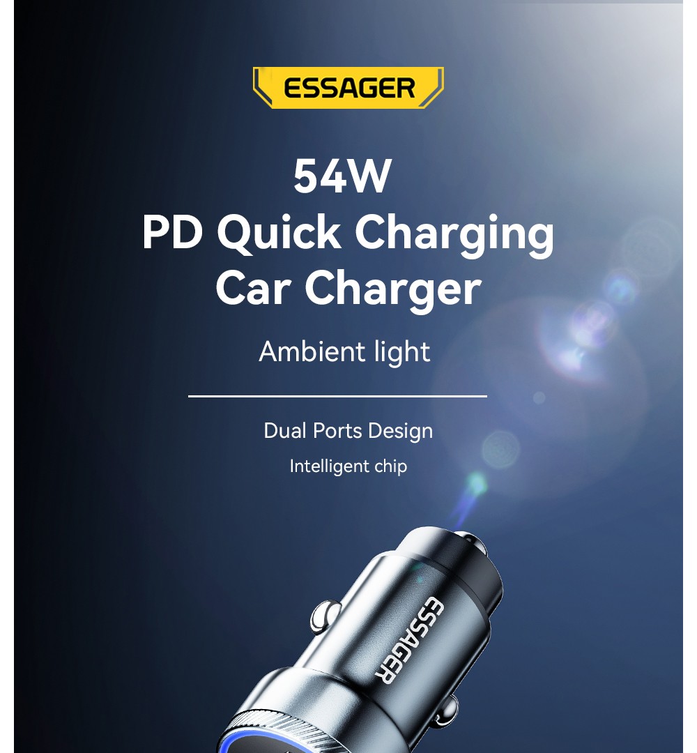 ESSAGER 54W Car Charger, USB-A+Type-C 2 Ports, PD Quick Charging, Ambient Light, Intelligent Chip - Black