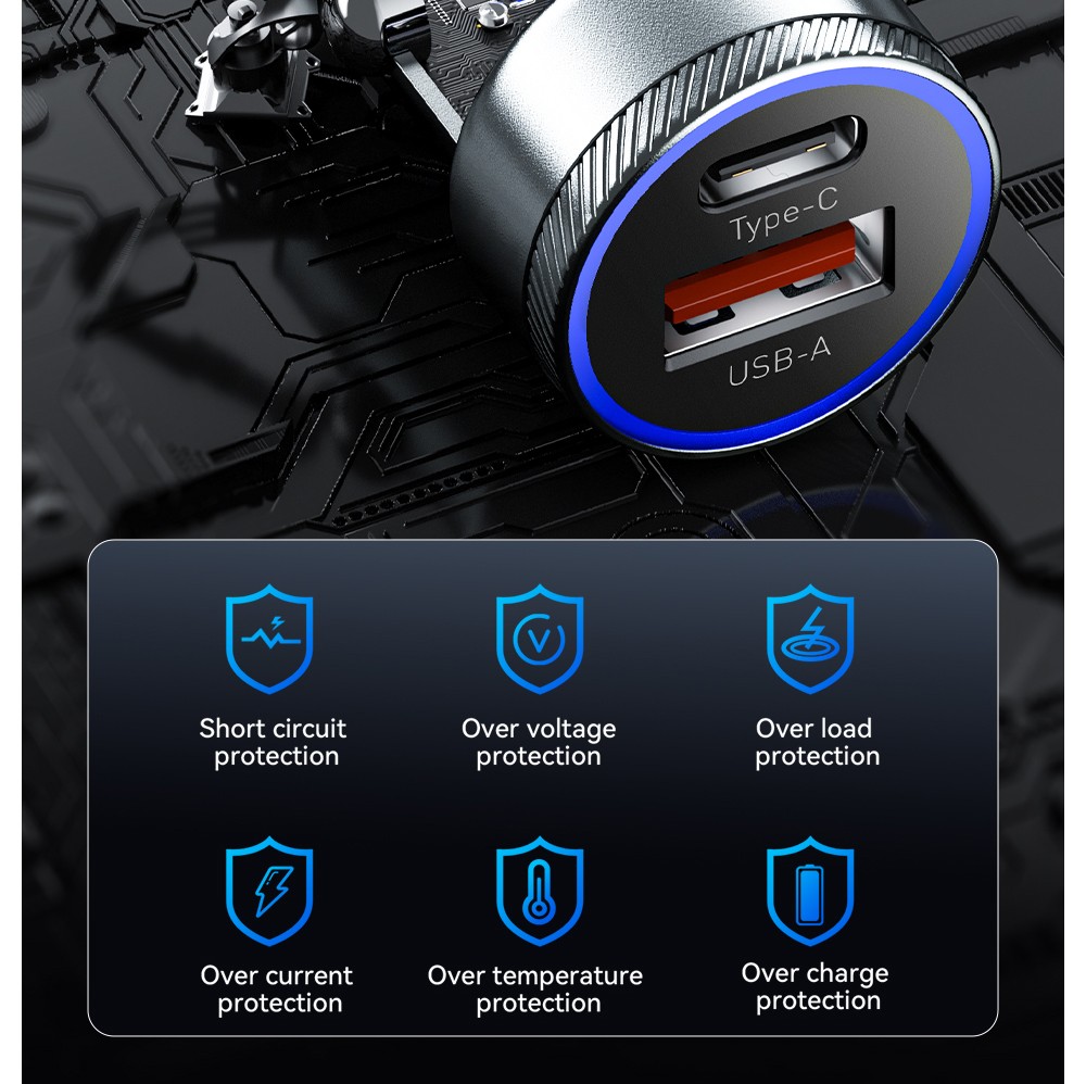 ESSAGER 54W Car Charger, USB-A+Type-C 2 Ports, PD Quick Charging, Ambient Light, Intelligent Chip - Black