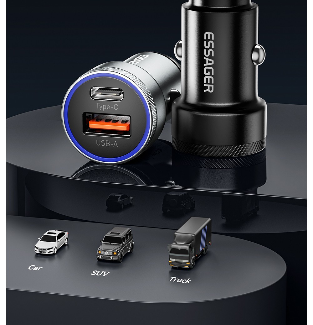 ESSAGER 54W Car Charger, USB-A+Type-C 2 Ports, PD Quick Charging, Ambient Light, Intelligent Chip - Black