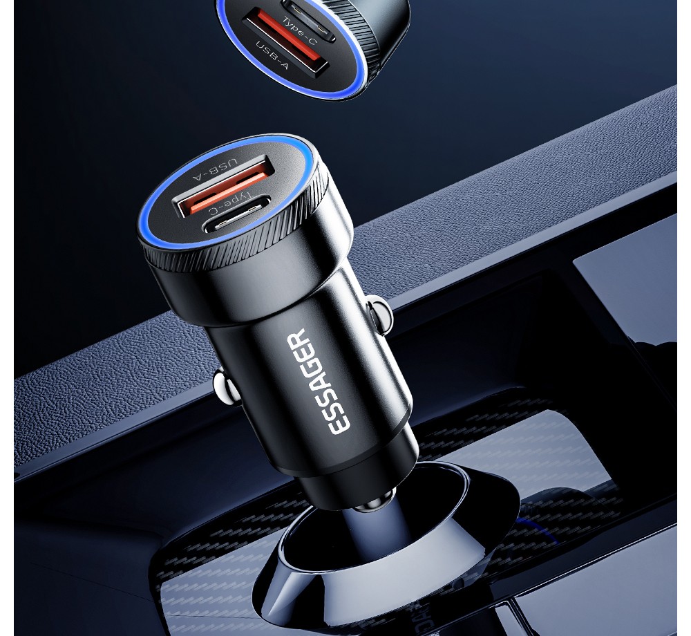 ESSAGER 54W Car Charger, USB-A+Type-C 2 Ports, PD Quick Charging, Ambient Light, Intelligent Chip - Gray