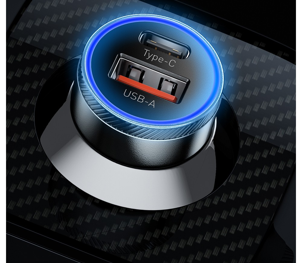 ESSAGER 54W Car Charger, USB-A+Type-C 2 Ports, PD Quick Charging, Ambient Light, Intelligent Chip - Gray