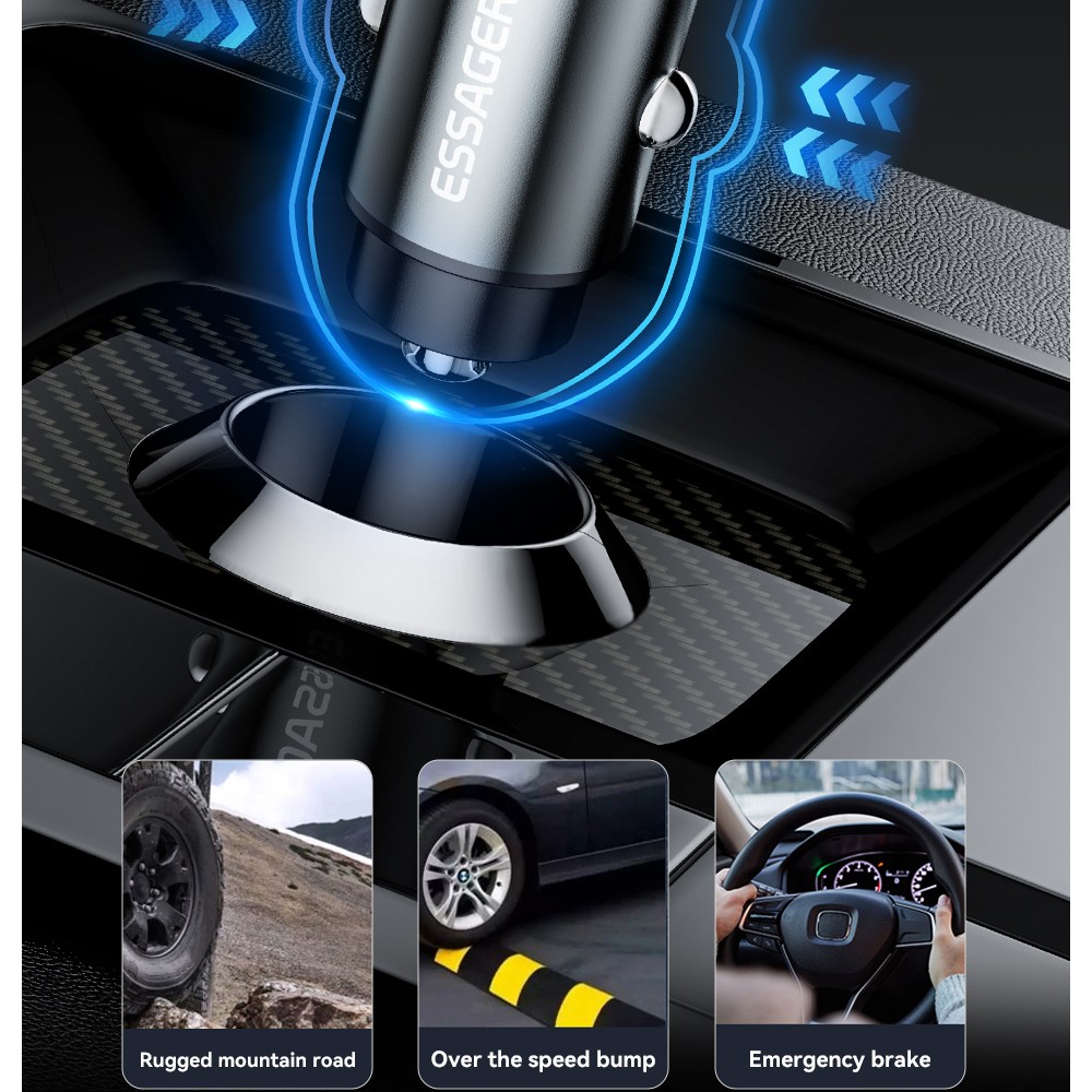 ESSAGER 54W Car Charger, USB-A+Type-C 2 Ports, PD Quick Charging, Ambient Light, Intelligent Chip - Gray